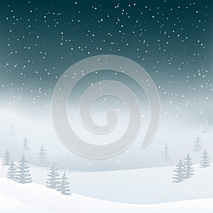 Winter night landscape background with snowfall in the fog. Christmas tree, fir forest with mist.