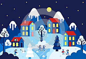 Winter night landscape with children playing winter games, ice lake and houses with red roofs - Vector flat cartoon