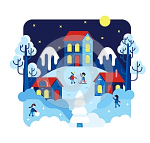 Winter night landscape with children playing winter games, ice lake and houses with red roofs - Vector flat cartoon