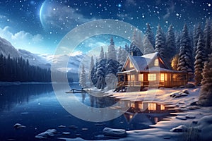 Winter night landscape with a cozy cabin by a lake, surrounded by snow covered fir trees, under a snowfall