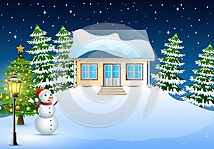 Winter night landscape with house in the christmas day