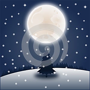 Winter night landscape with moon christmas tree snow forest