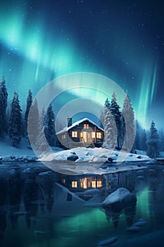 Winter night landscape with northern lights. Aurora Borealis. House in the forest on the lake shore. AI generated