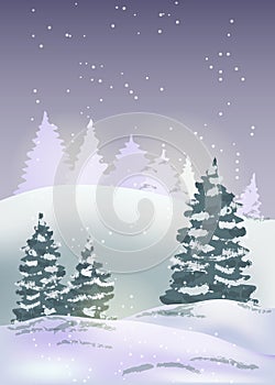 Winter night landscape with snow flakes, hills and fir trees. Holiday Christmas and New Year background
