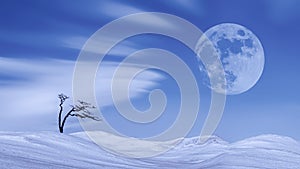 Winter night landscape in the style of minimalism. Lonely tree, snowy hills against the blue sky with clouds and moon.