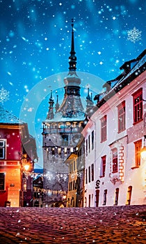 winter night in medieval town of Sighisoara