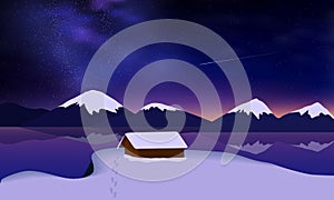 Winter night mountain landscape with a sky Milky Way, lake and a lonely house standing over a cliff. Simple flat illustration