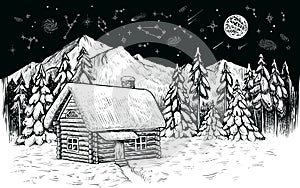 Winter night in the mountains. Wooden house and forest, covered with snow. Vector black and white sketch.