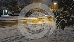 Winter night nature background. Beautiful winter evening landscape with fresh snow and lanterns in a residential area