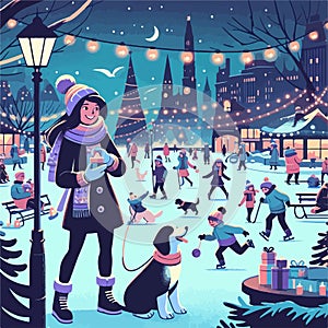 a winter night in a park, as people relish outdoor pastimes amidst the seasonal decorations ,Snowboarding