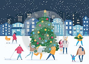 Winter night and people around Xmas tree in Christmas, New Year eve vector illustration.