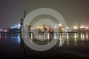 Winter at night in the port.