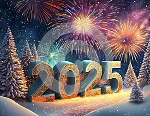 Winter night sky lit up by fireworks above 3d numbers 2025 with snowy trees below