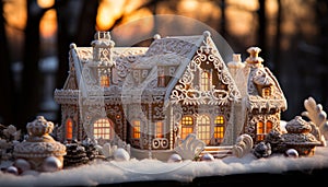 Winter night, snow covered gingerbread house, decorated with icing and candy generated by AI