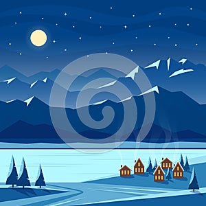 Winter night snow landscape with moon, mountains, hills, fir trees, cozy houses. Christmas and new year welcoming.