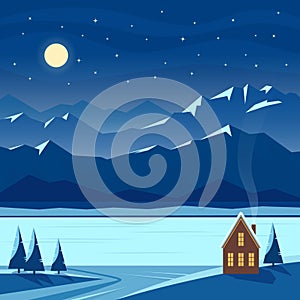 Winter night snow landscape with moon, mountains, hills, stars, fir trees, river, lake, cozy house, village cottage.