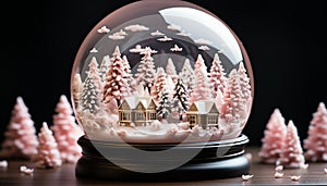 Winter night snow, tree, decoration, window, illuminated, snowflake, Christmas ornament generated by AI