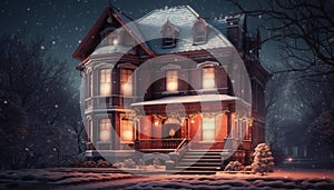 Winter night, snowing outdoors, illuminated lantern, Christmas decoration, old building generated by AI