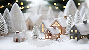 Winter night, snowing, snowflake, gingerbread house, Christmas lights generated by AI