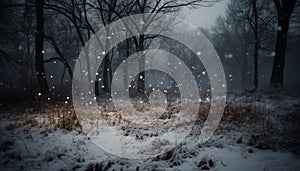 Winter night snowy forest, dark tree, frosty branch, mysterious beauty generated by AI