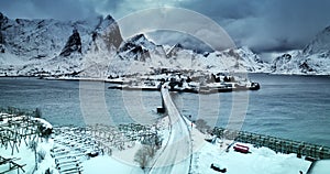 Winter nordic panorama landscape of Sakrisoy village, Fredvang bridge, Lofoten islands, Norway