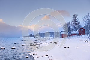 Winter Norway landscape with rorbu