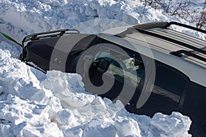 Winter off road in forest. Jeep car offroad adventure in the Snow Mountain.