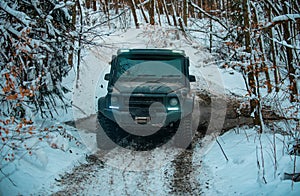 Winter offroad. Car tires on winter road covered with snow. Vehicle on snowy way in the morning at snowfall.