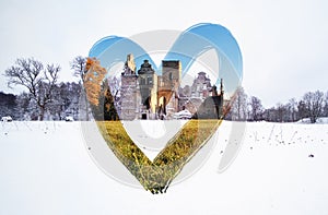 Winter, old castle ruins, autumn heart