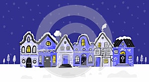 Winter old houses street flat vector illustration