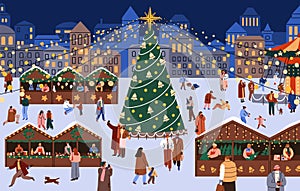 Winter old town with Christmas tree on Europe city square. People shopping at holiday market, Xmas fair on street