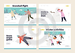 Winter outdoor activity for kids concept of landing pages with happy children enjoy playing outside