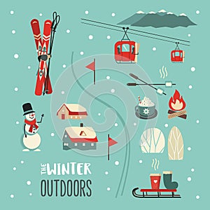 Winter outdoor leisure activity vector icon set