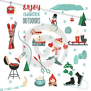 Winter Outdoors fun sport activity icon collection