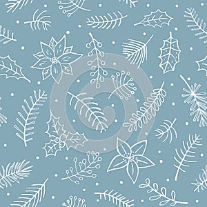 Winter outlined hand drawn branches twigs flowers foliage seamless pattern