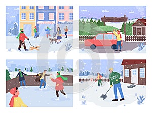 Winter outside activity flat color vector illustration set