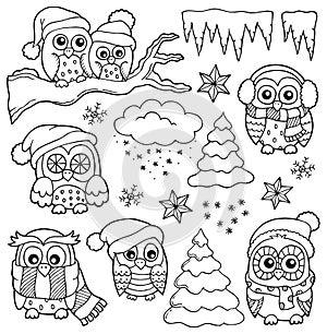 Winter owl drawings theme 1