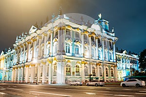 Winter Palace Hermitage at the crossroads at night in St. Petersburg.