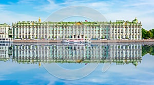 Winter Palace State Hermitage museum reflected in Neva river, Saint Petersburg, Russia