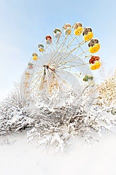 Winter panorama of abandoned Ferris wheel, Pervouralsk, Russia