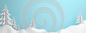 Winter panorama abstract background, pine, spruce, fir tree art paper cut origami with blue pastel sky. Copy space text wide area.