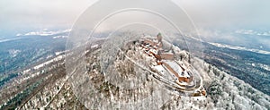 Winter panorama of the Chateau du Haut-Koenigsbourg in the Vosges mountains. Alsace, France