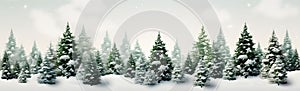 Winter panorama of evergreen trees forest covered by fresh snow during Winter Christmas time banner wide panorama background
