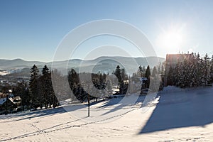 Winter panorama landscape with forest, trees covered snow and sunrise. winterly morning of a new day. winter landscape with sunset