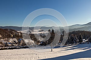 Winter panorama landscape with forest, trees covered snow and sunrise. winterly morning of a new day. winter landscape with sunset