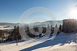 Winter panorama landscape with forest, trees covered snow and sunrise. winterly morning of a new day. winter landscape with sunset