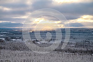 Winter panorama landscape with forest, trees covered snow and sunset. winterly morning of a new day. Cloudy winter landscape with