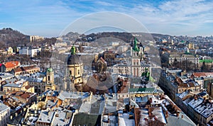 Winter panorama - landscape of Lvov in sunny day from tower