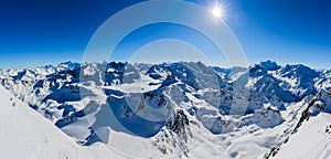 Winter panorama landscape from Mont Fort and famous Matterhorn, Dent d`Herens, Dents de Bouquetins, Weisshorn; Tete Blanche in th photo