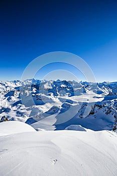 Winter panorama landscape from Mont Fort and famous Matterhorn, Dent d`Herens, Dents de Bouquetins, Weisshorn; Tete Blanche in th photo